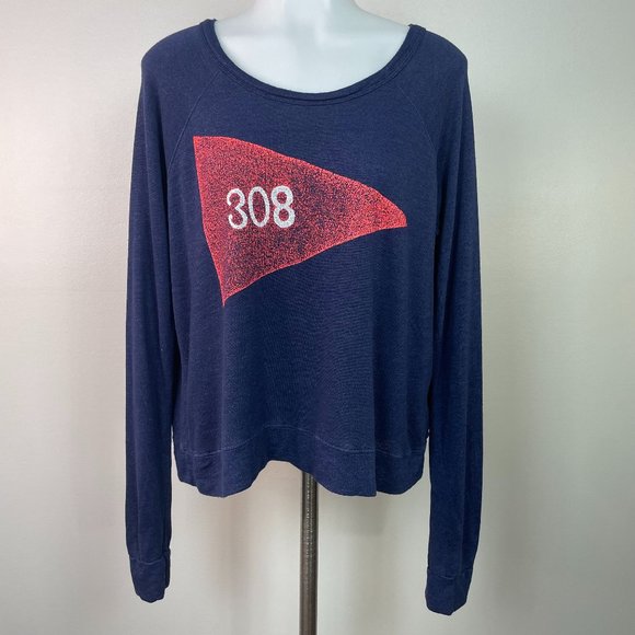 Sundry Top 2 Medium Navy Blue Red Flag Graphic Long Sleeve Shirt Cropped Women's - Picture 1 of 14